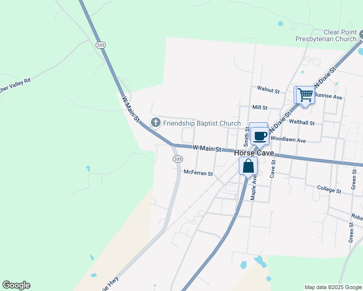 map of restaurants, bars, coffee shops, grocery stores, and more near West Main Street in Horse Cave