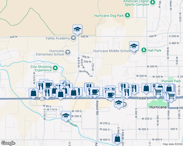 map of restaurants, bars, coffee shops, grocery stores, and more near 725 West in Hurricane