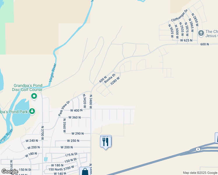 map of restaurants, bars, coffee shops, grocery stores, and more near 3377 West Palomar in Hurricane