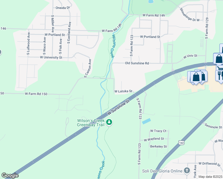 map of restaurants, bars, coffee shops, grocery stores, and more near 1983 South Farm Road 123 in Springfield