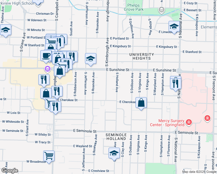 map of restaurants, bars, coffee shops, grocery stores, and more near 1857 South Holland Avenue in Springfield