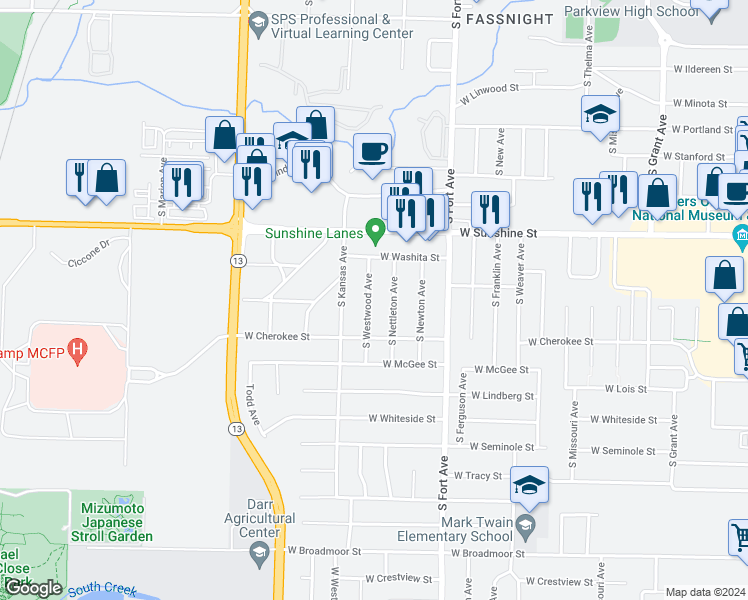 map of restaurants, bars, coffee shops, grocery stores, and more near 1924 South Westwood Avenue in Springfield