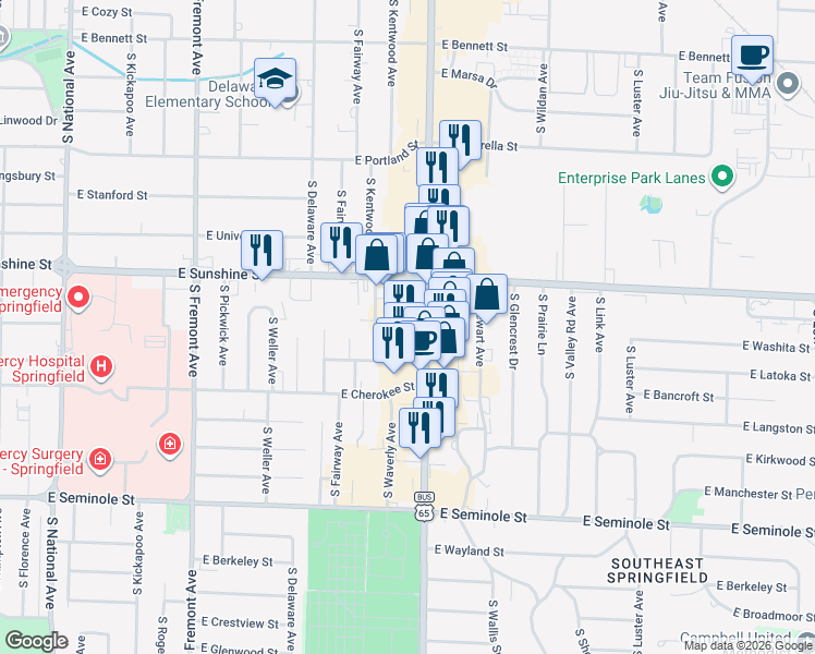 map of restaurants, bars, coffee shops, grocery stores, and more near 1736 East Sunshine Street in Springfield