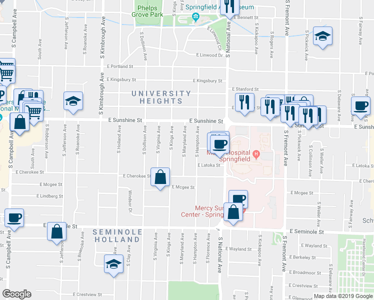 map of restaurants, bars, coffee shops, grocery stores, and more near 1900 South Maryland Avenue in Springfield