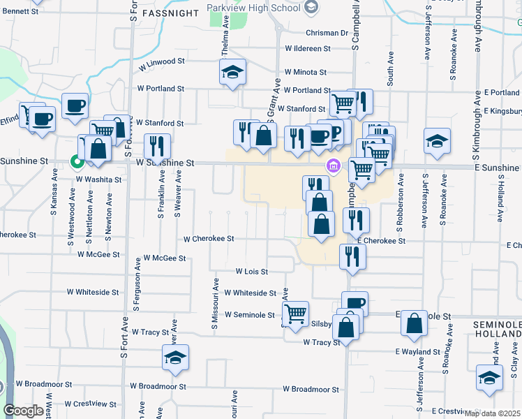 map of restaurants, bars, coffee shops, grocery stores, and more near 701 South Grant Avenue in Springfield