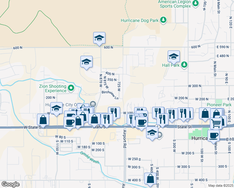 map of restaurants, bars, coffee shops, grocery stores, and more near 725 West in Hurricane
