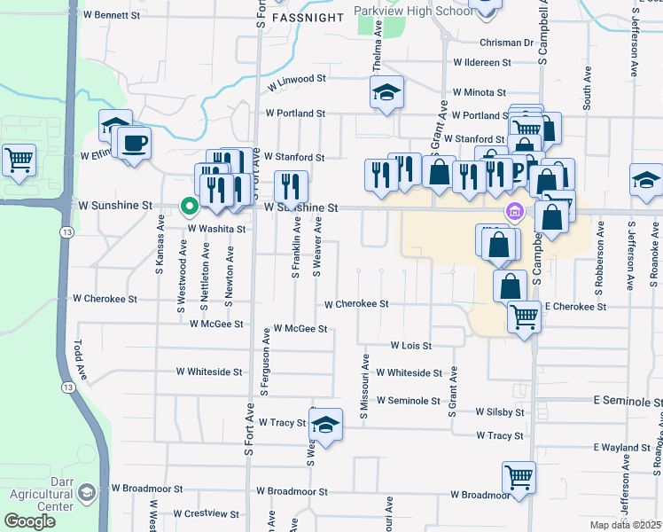 map of restaurants, bars, coffee shops, grocery stores, and more near 1913 South Broadway Avenue in Springfield
