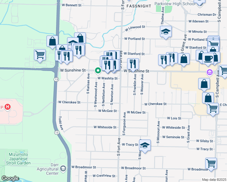 map of restaurants, bars, coffee shops, grocery stores, and more near 1916 South Newton Avenue in Springfield