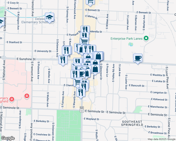 map of restaurants, bars, coffee shops, grocery stores, and more near in Springfield