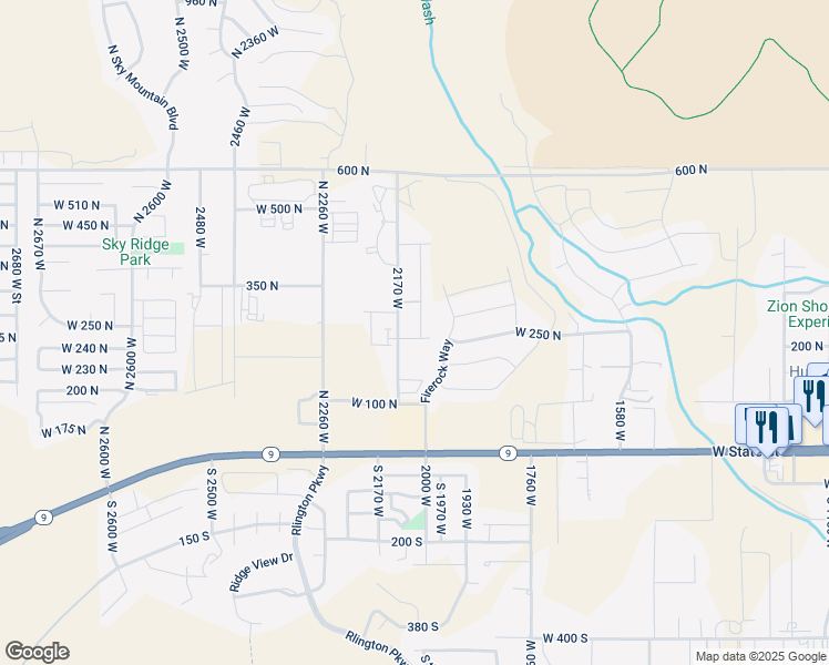 map of restaurants, bars, coffee shops, grocery stores, and more near 233 North 2020 West in Hurricane