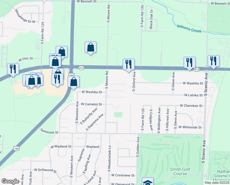 map of restaurants, bars, coffee shops, grocery stores, and more near 3215 West Washita Street in Springfield