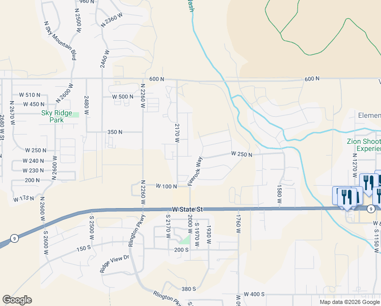 map of restaurants, bars, coffee shops, grocery stores, and more near 100 North in Hurricane