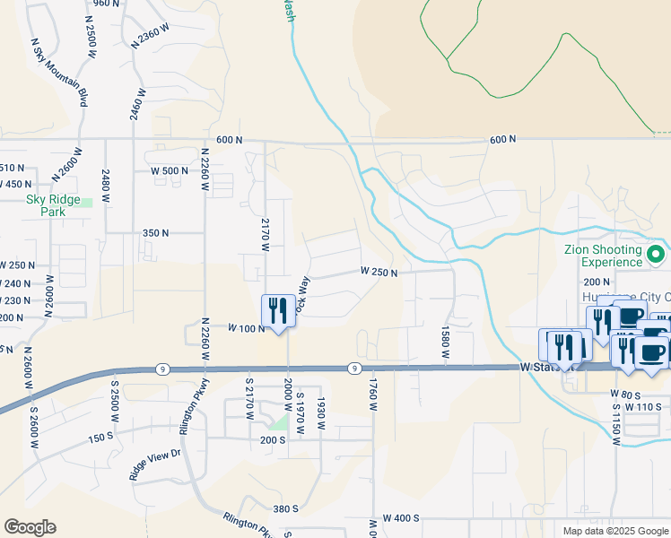 map of restaurants, bars, coffee shops, grocery stores, and more near 1878 West 250 North in Hurricane
