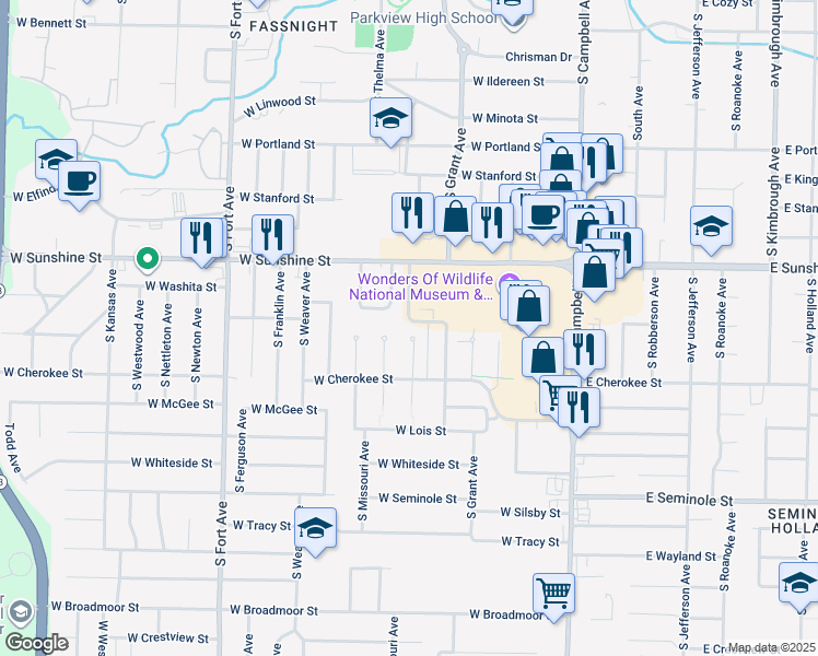 map of restaurants, bars, coffee shops, grocery stores, and more near 1907 South Lancaster Avenue in Springfield