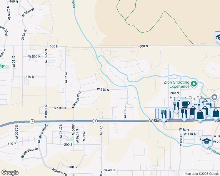 map of restaurants, bars, coffee shops, grocery stores, and more near 1698 West 250 North in Hurricane