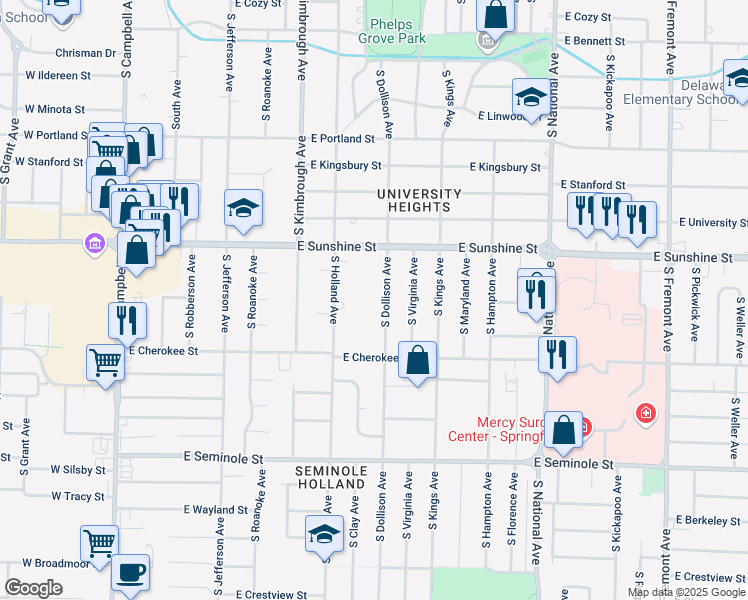 map of restaurants, bars, coffee shops, grocery stores, and more near 1862 South Dollison Avenue in Springfield