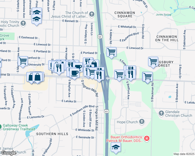 map of restaurants, bars, coffee shops, grocery stores, and more near E Sunshine St & S Ingram Mill Rd in Springfield