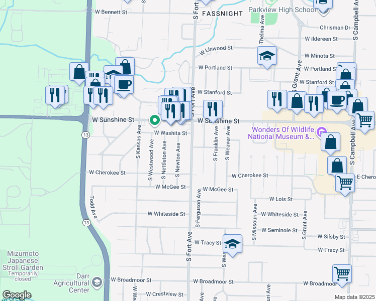 map of restaurants, bars, coffee shops, grocery stores, and more near 1903 South Fort Avenue in Springfield