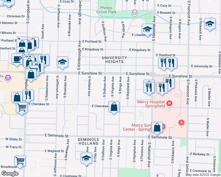 map of restaurants, bars, coffee shops, grocery stores, and more near 1862 South Dollison Avenue in Springfield