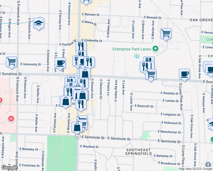 map of restaurants, bars, coffee shops, grocery stores, and more near 1835 South Prairie Lane in Springfield