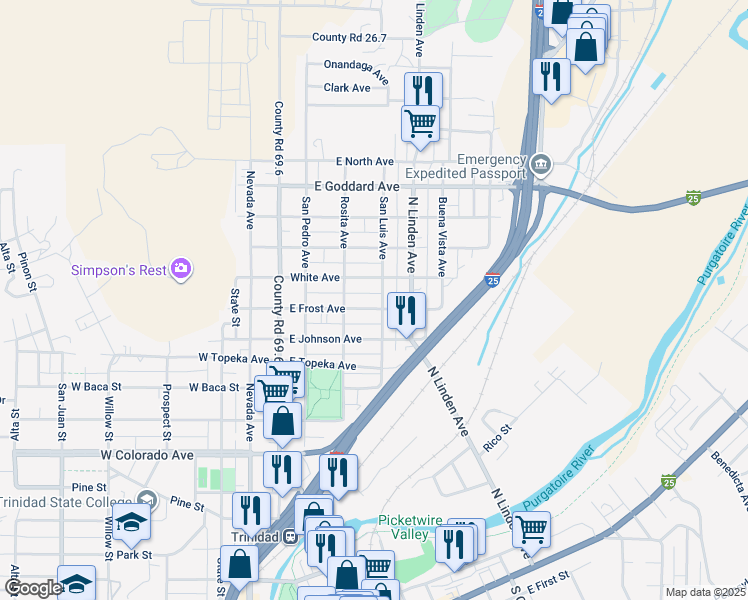 map of restaurants, bars, coffee shops, grocery stores, and more near 325 East Frost Avenue in Trinidad