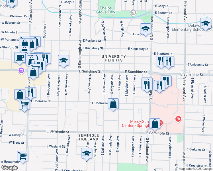map of restaurants, bars, coffee shops, grocery stores, and more near 1862 South Dollison Avenue in Springfield