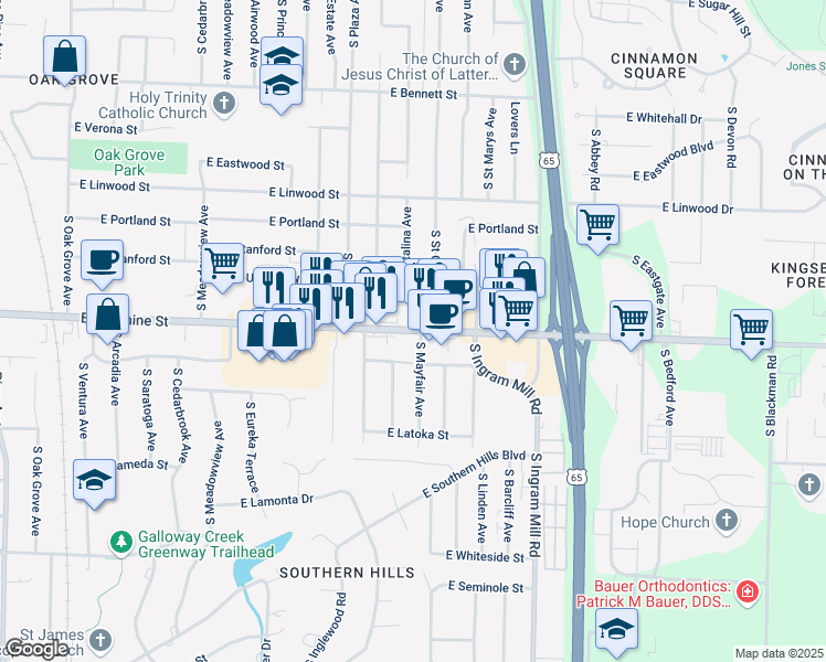 map of restaurants, bars, coffee shops, grocery stores, and more near 3184 East Sunshine Street in Springfield