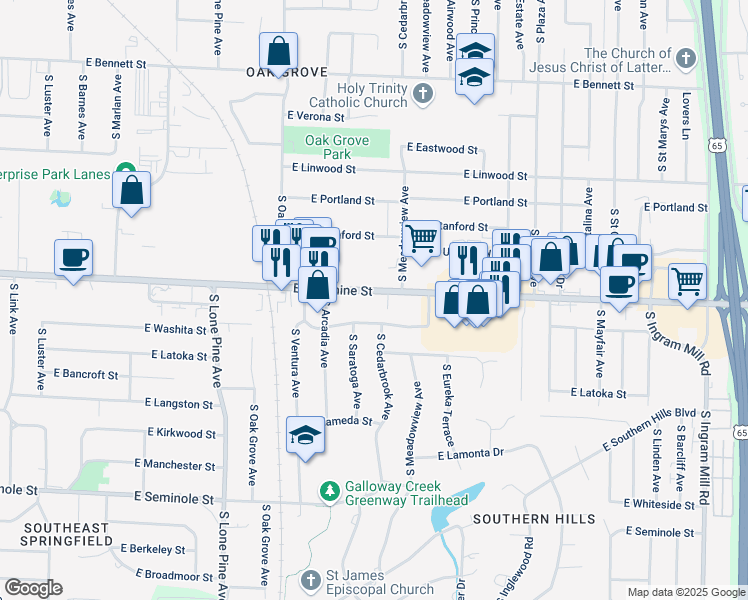 map of restaurants, bars, coffee shops, grocery stores, and more near 2750 East State Highway D in Springfield