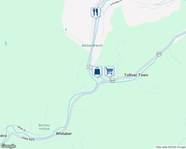map of restaurants, bars, coffee shops, grocery stores, and more near 3043 Kentucky 805 in Letcher County