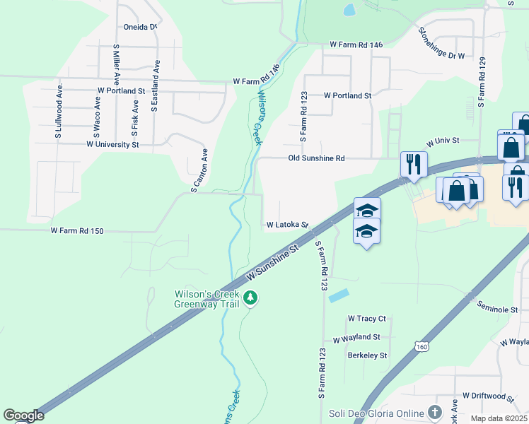 map of restaurants, bars, coffee shops, grocery stores, and more near 1950 South Farm Road 123 in Springfield
