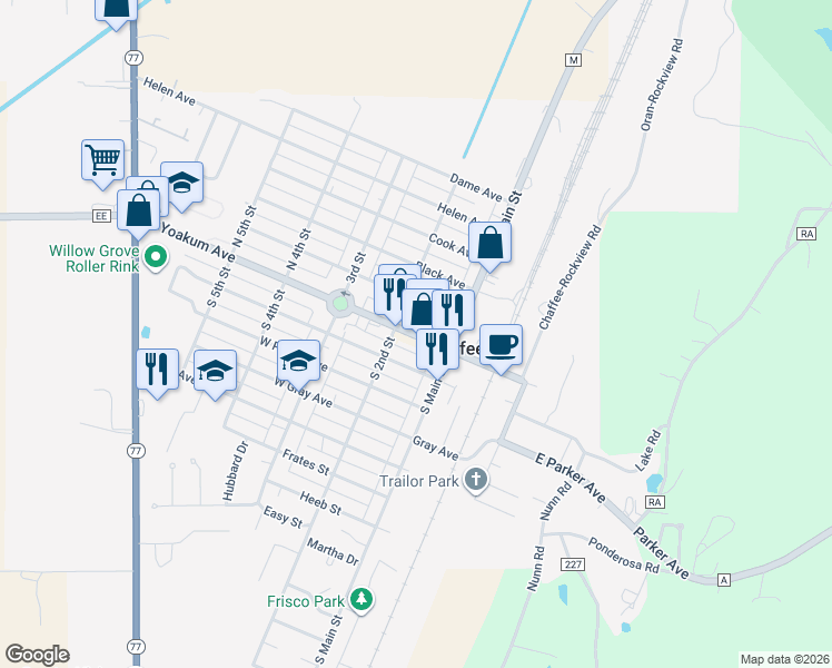 map of restaurants, bars, coffee shops, grocery stores, and more near 131 West Yoakum Avenue in Chaffee