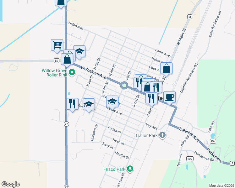 map of restaurants, bars, coffee shops, grocery stores, and more near 314 West Davidson Avenue in Chaffee