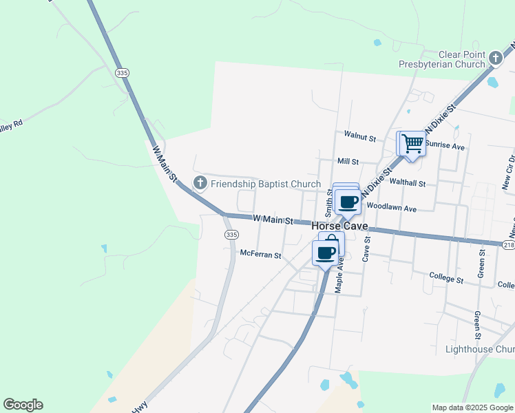 map of restaurants, bars, coffee shops, grocery stores, and more near 222 West Main Street in Horse Cave