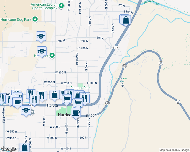 map of restaurants, bars, coffee shops, grocery stores, and more near 264 North State Street in Hurricane
