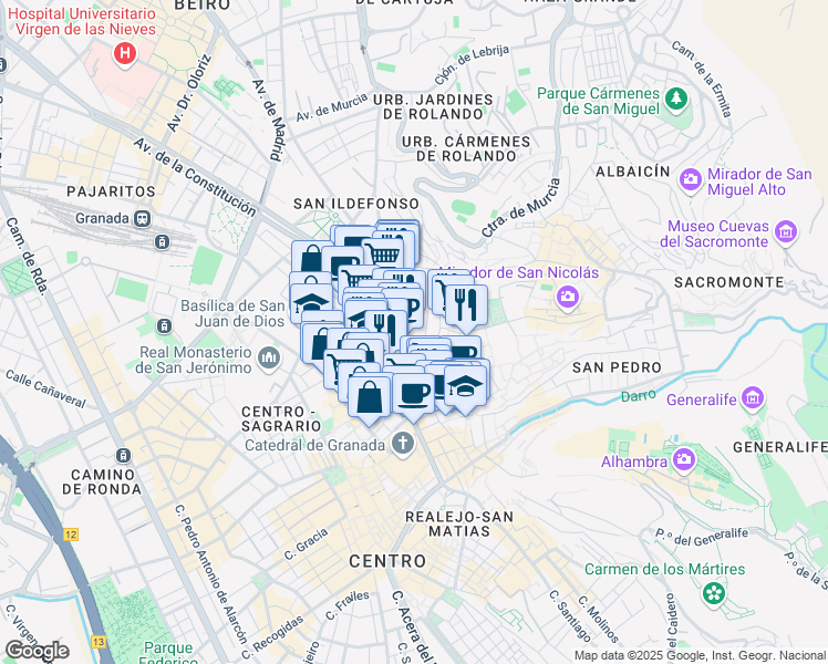 map of restaurants, bars, coffee shops, grocery stores, and more near 18 Calle Molino de la Corteza de San Andrés in Granada