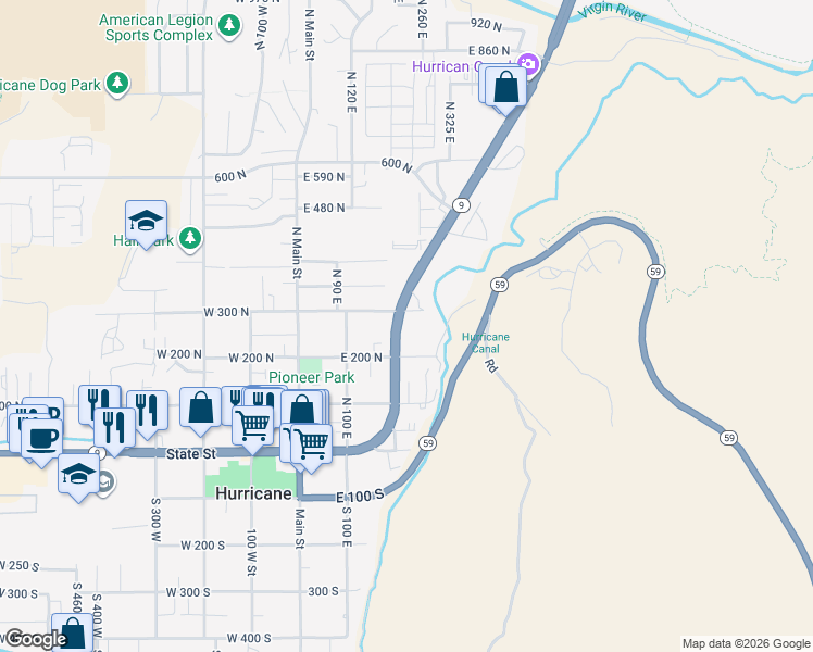 map of restaurants, bars, coffee shops, grocery stores, and more near 264 North State Street in Hurricane