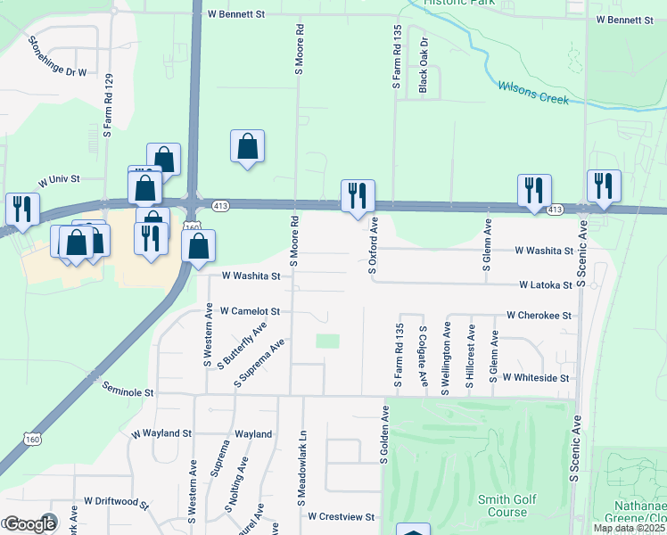 map of restaurants, bars, coffee shops, grocery stores, and more near 3215 W Washita St in Springfield