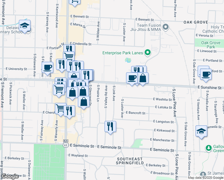 map of restaurants, bars, coffee shops, grocery stores, and more near 1824 South Valley Road Avenue in Springfield