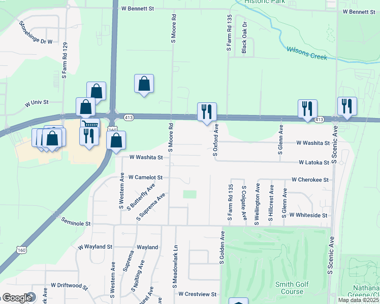 map of restaurants, bars, coffee shops, grocery stores, and more near 3215 West Washita Street in Springfield