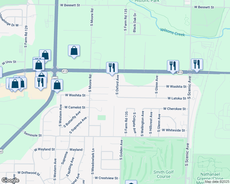 map of restaurants, bars, coffee shops, grocery stores, and more near 1921 South Oxford Avenue in Springfield