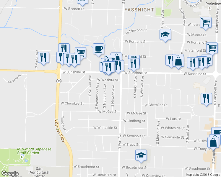 map of restaurants, bars, coffee shops, grocery stores, and more near 1903 South Newton Avenue in Springfield