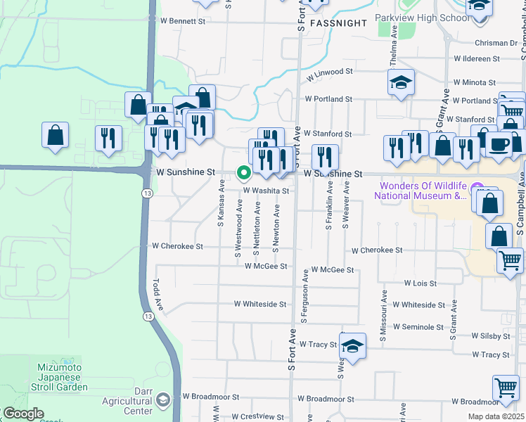 map of restaurants, bars, coffee shops, grocery stores, and more near 1903 South Newton Avenue in Springfield