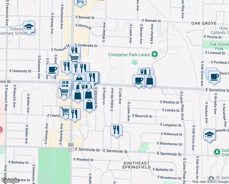 map of restaurants, bars, coffee shops, grocery stores, and more near 1824 South Valley Road Avenue in Springfield