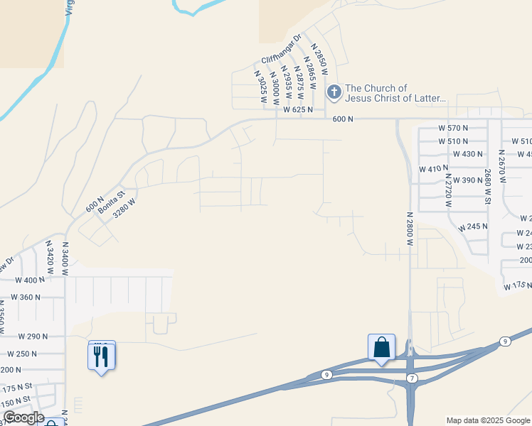 map of restaurants, bars, coffee shops, grocery stores, and more near 521 North 3010 West in Hurricane