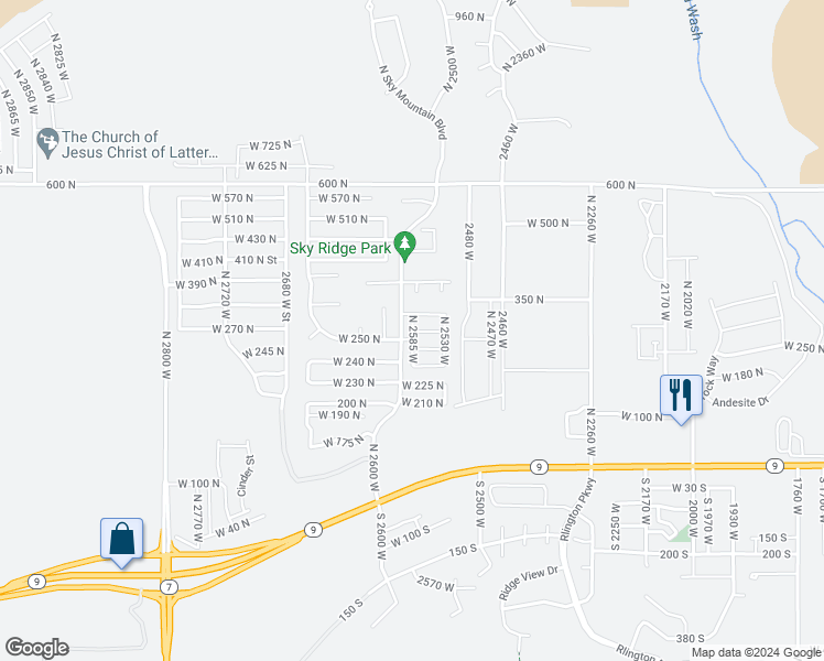 map of restaurants, bars, coffee shops, grocery stores, and more near 256 North 2585 West in Hurricane