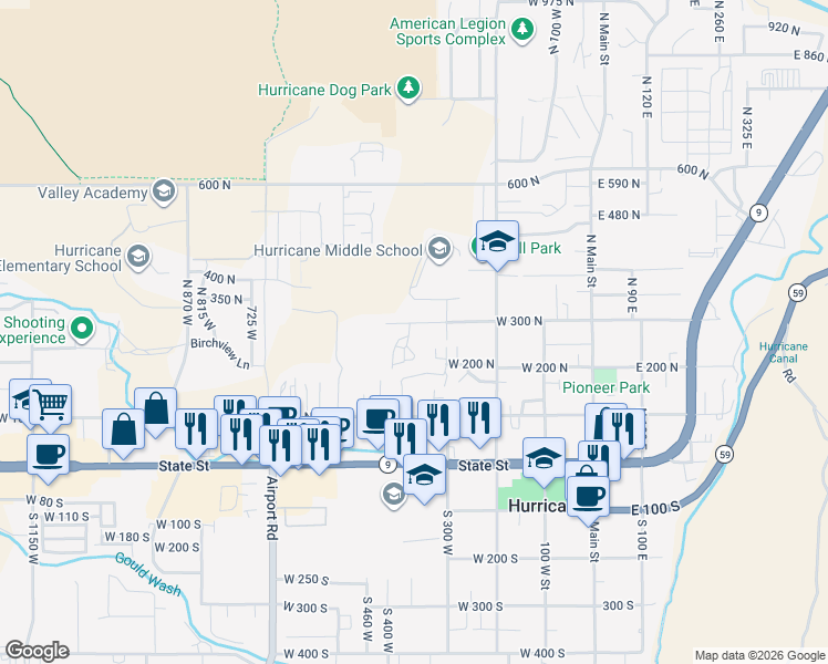 map of restaurants, bars, coffee shops, grocery stores, and more near 367 West 300 North in Hurricane