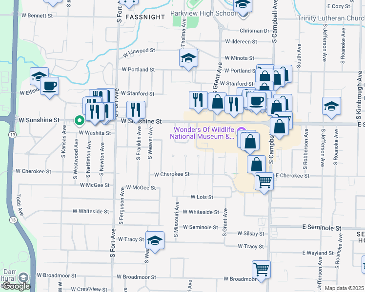 map of restaurants, bars, coffee shops, grocery stores, and more near 916 West Washita Street in Springfield
