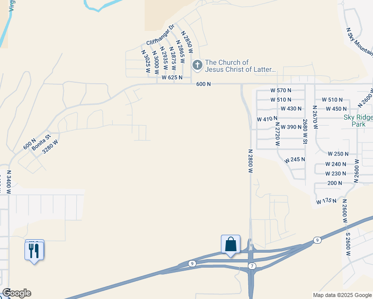 map of restaurants, bars, coffee shops, grocery stores, and more near 493 N 2850 West in Hurricane