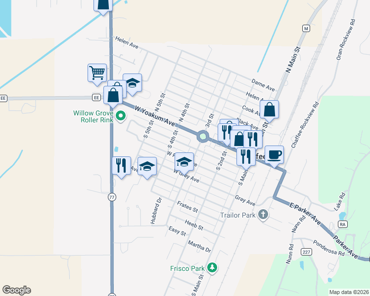 map of restaurants, bars, coffee shops, grocery stores, and more near 314 West Davidson Avenue in Chaffee
