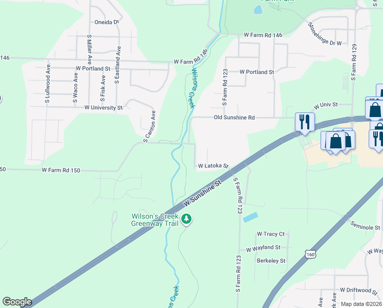 map of restaurants, bars, coffee shops, grocery stores, and more near 1950 South Farm Road 123 in Springfield
